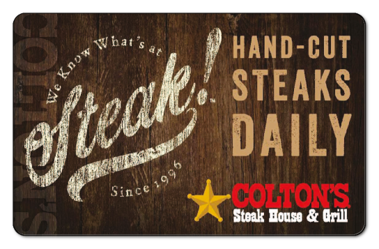 "steak!" in large white text over wood planking background, colton's logo in bottom right