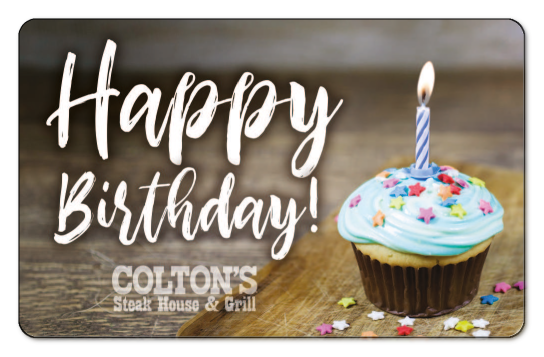 Coltons logo over an image of a cupcake with lit candle and the text Happy Birthday